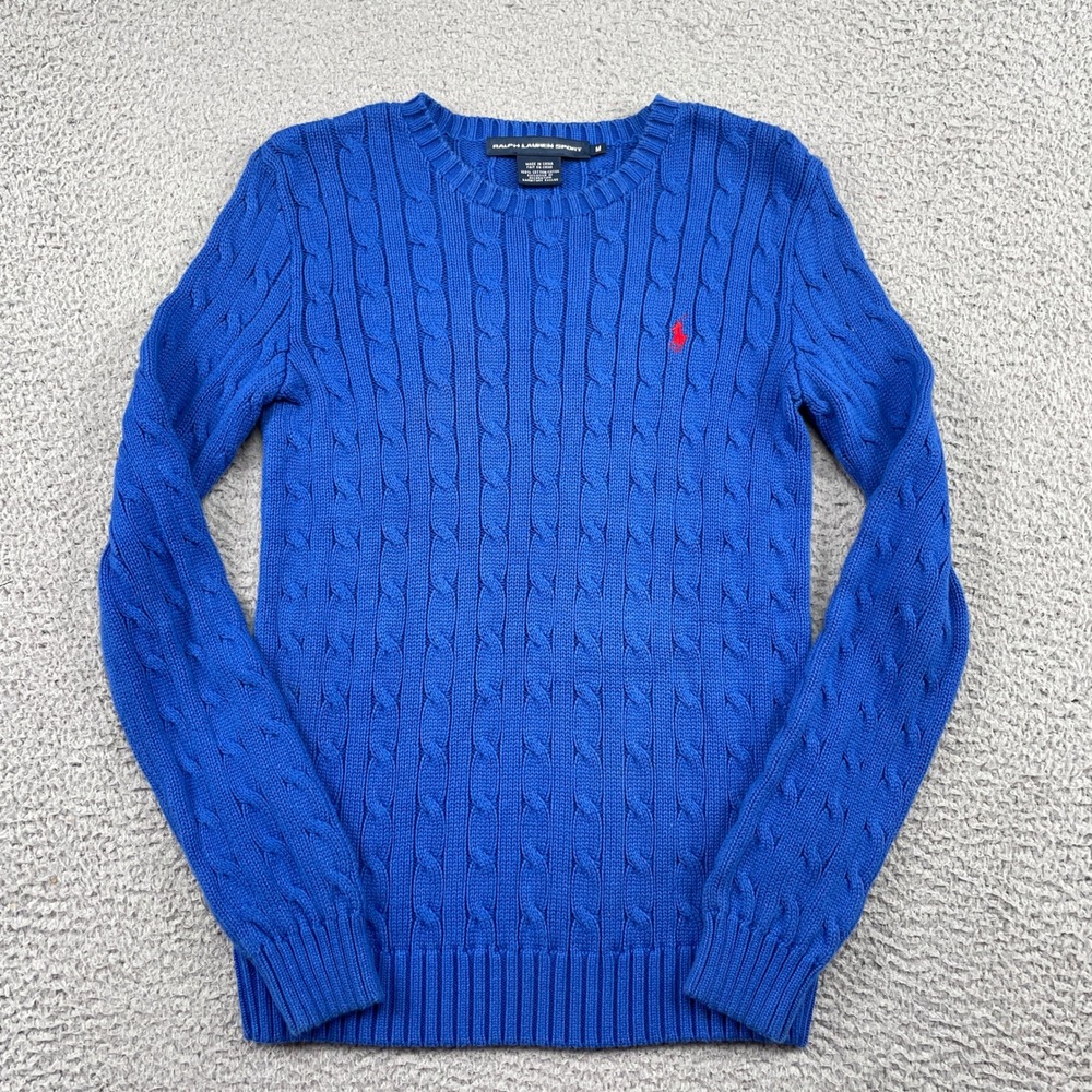 Ralph Lauren Sport Sweater Womens M Blue Cable Knit Cotton Crew Neck Pony Logo